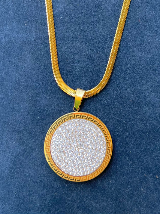 A necklace with circular stones.